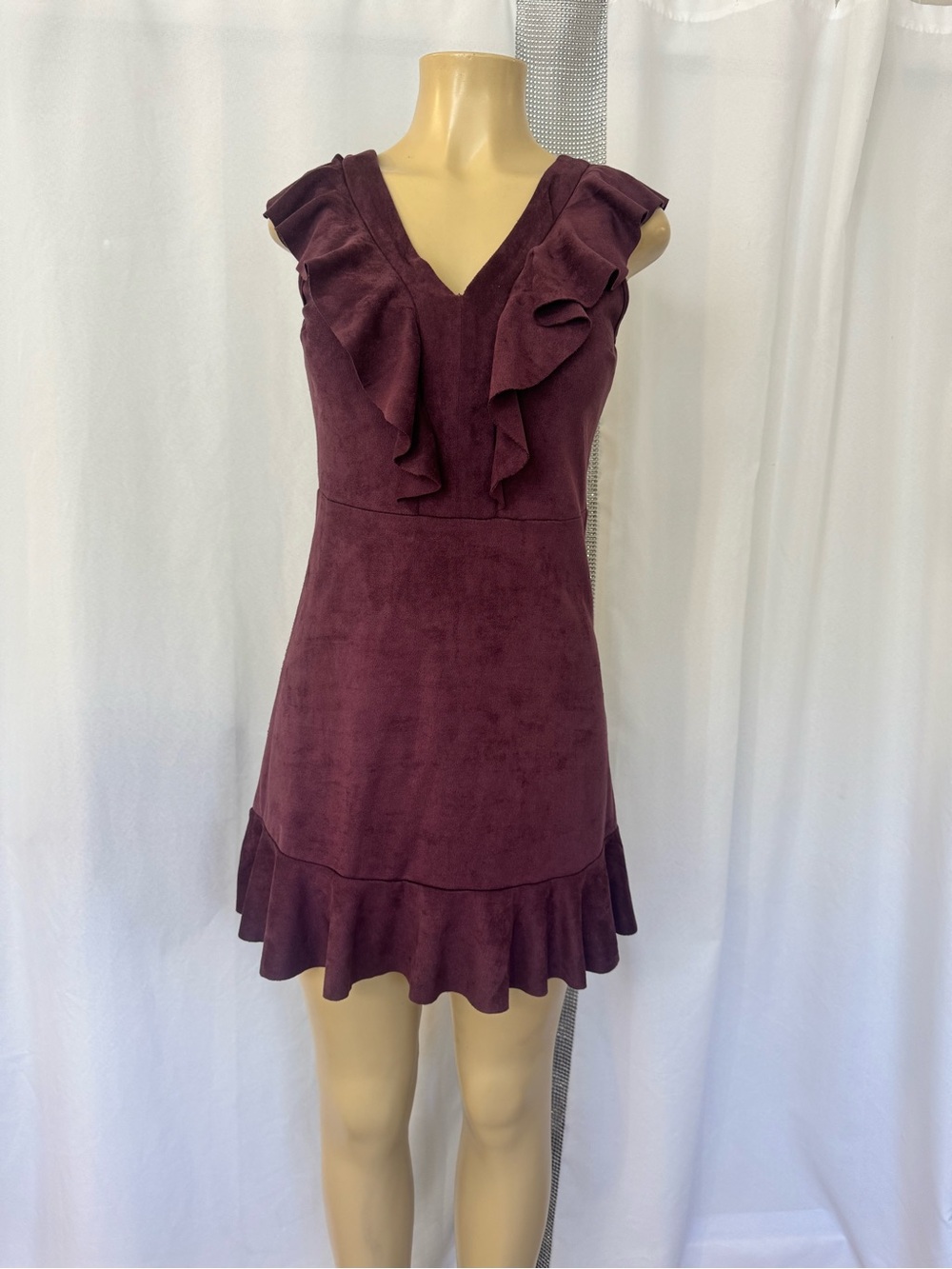 Womenās Ruffled V-Neck Velvet Dress in Deep Plum